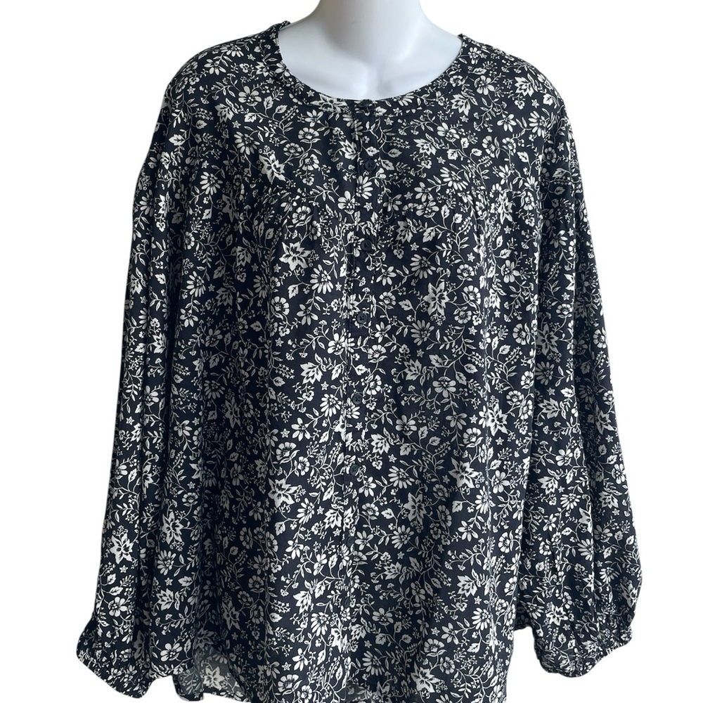 Old Navy Black White Floral Blouse Top Balloon Sleeve Front Buttons Size XXL New